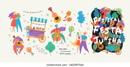 Festa Junina, Conjunto de ilustrações vetoriais para cartaz, banner abstrato, plano de fundo ou cartão para o feriado brasileiro, festival, festa e evento, desenhos de pessoas dançando alegres, músicos e loja