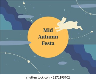 Festa poster concept Illustration of a rabbit jumping towards the moon on a night sky background. flat design style vector graphic 