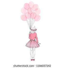 festal doggy girl with pink balloons, anthropomorphic animal illustration