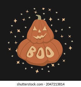 Ilustración vectorial dibujada a mano festal con pampinas anaranjadas holyday, estrellas y boo de inscripción en el fondo negro.