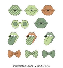 Festal Patrick Day fashion objects. Green St Patrick kiss, lips with tongue, Shamrock party glasses, tie bow vector illustrations set isolated on white. Retro 70s 60s groovy 17 March design.