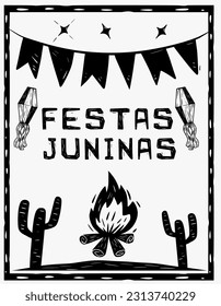 Festas Juninas (June festivals) traditional brazilian party. firebone and cactus, woodcut style. Cordel literature frame.