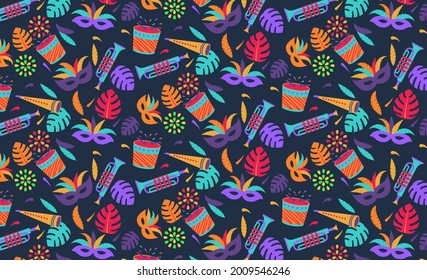 festival abstract pattern consists of illustrations of trumpets, drums, fireworks, party masks, party glasses, leaves and party ornaments. pattern for festivals or parties