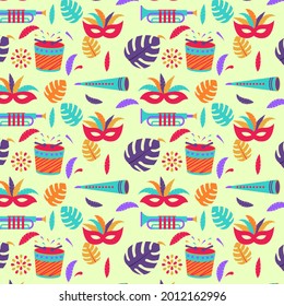 festival abstract pattern consists of illustrations of trumpets, drums, fireworks, party masks, party glasses, leaves and party ornaments. pattern for festivals or parties