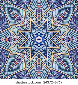 Festival art festive seamless pattern mandala doodle star. Ethnic geometric mandala doodle art print design in pastel purple and blue colors background ornament