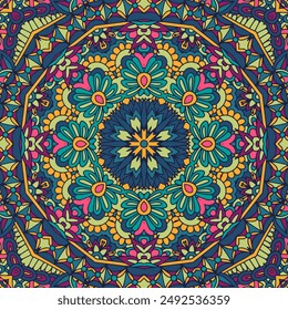 Festival Kunst festliche nahtlose Muster Mandala. Ethnische geometrische Mandala Doodle Blume Kunstdruck. Bunte psychiatrische Hintergrund Ornament Rahmen und Rand