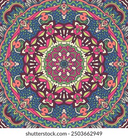 Arte de festival sin fisuras patrón colorido mandala arte. mandala Abstractas repitiendo textura de fondo. Colores brillantes psicodélicos mexicanos. Impresión de diseño colorido étnico.