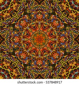 Festival art seamless mandala pattern. Ethnic geometric print. Orange brown frame background Vector illustration.