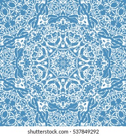 Festival art seamless mandala pattern. Ethnic geometric print. Blue frame background Vector illustration.