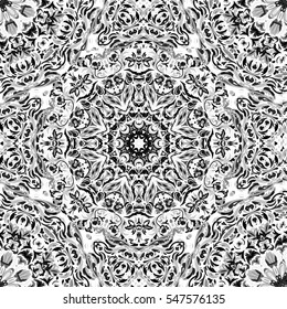 Festival art seamless mandala pattern. Ethnic geometric print. Black and white frame background. Vector illustration.