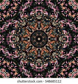 Festival art seamless mandala pattern. Ethnic geometric print. Pink black frame background Vector illustration.