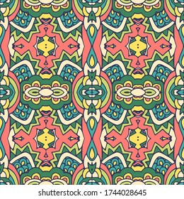 Festival Kunst nahtloses Muster. Ethnisch geometrischer Ausdruck. Farbige, sich wiederholende Hintergrundtextur. Stoffe, Stoffdesign, Tapeten, Verpackung