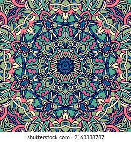 Mandala sin fisuras en el arte del festival. Impresión de dibujos de doodle mandala geométrica étnica. Colorido repitiendo antecedentes arte psidedlico