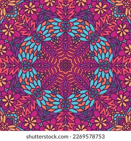 Festival art seamless pattern mandala. Ethnic geometric print. Colorful repeating background with flowers