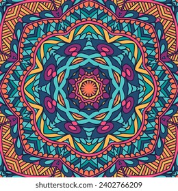 Festival art seamless pattern mandala. Ethnic geometric print. Colorful repeating background texture. Mexican psychdedlic