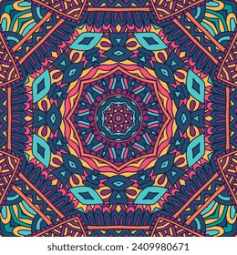 Festival art seamless pattern mandala. Ethnic geometric print. Colorful repeating background texture. Mexican psychdedlic print