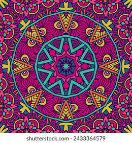 Festival art seamless pattern mandala. Colorful repeating background texture. Mexican psychdedlic bright colors star. Ethnic geometric triangles and florals print.