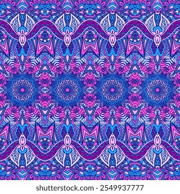 Festival de arte sin patrón mandala. Colorido boho repitiendo textura de fondo. Estampado geométrico étnico púrpura y azul vibrante mexicano psicodélico.
