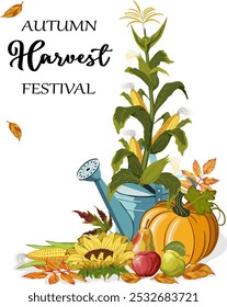 Festival of autumn gifts in illustration.Colored vector illustration with fruits and vegetables on autumn festival.