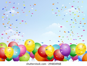 Festival background with colorful balloons and scattered confetti. Celebration. 