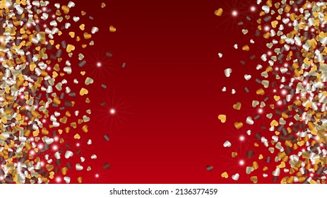 Festival Background with Confetti of Hearts Glitter Particles. St. Valentine Day. New Year pattern. Light Spots. Explosion of Confetti. Glitter Vector Illustration. Design for Poster.