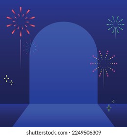 Fondo del festival con fuegos artificiales. Fase para la presentación de productos. Comercialización, comercial. Para volante, afiche, postal, post en medios sociales, folleto, banner. Ilustración vectorial.
