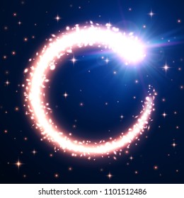 Festival background with gold frame. Celebrating magic light comet circle with glittering shimmering stars and particles. Festive Christmas background with cosmic meteor. Holiday vector illustration.