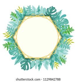 Festival background with gold frame and green tropical leaves. Botanical vector illustration from forest fern, monstera and palm leaves.