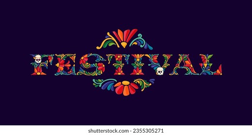 Festival banner with Mexican colorful and ornate ethnic pattern. Traditional Aztec leaves and flowers embroidery ornament. Vector design template for folk Spanish food, holidays, carnival, and party.