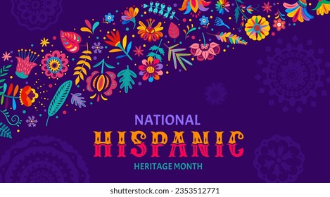 Cartel del festival del mes del patrimonio nacional hispano con flores y plantas tropicales, fondo vectorial. Cultura, tradición y patrimonio artístico de los hispanoamericanos en un adorno étnico floral con flores