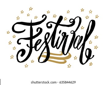 Festival beautiful greeting card scratched calligraphy black text word gold stars. Hand drawn invitation T-shirt print design.Handwritten modern brush lettering white background isolated vector