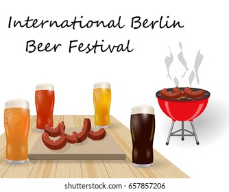 Festival of beer. Different types of beer in glasses. Barbecue and grilled dishes, sausages, hot dog. Vector illustration