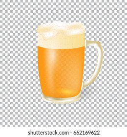 Festival of beer. Light beer in a mug with foam, isolated on a checker background. Vector illustration