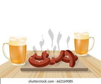 Festival of beer. Light beer in mugs. Fried dishes, sausages, hot dogs on wooden boards. Vector illustration