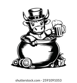 Festival Black and White St. Patrick's Day Cow: Pot o' Gold and a Pint Vector