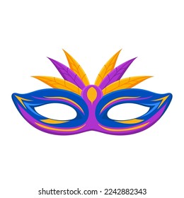 Festival blue mask with purple feathers template. Bright carnival decoration for theatrical celebrations in venetian style as elegant vector face disguise