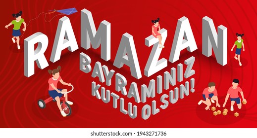 Festival of Breaking the Fast (Turkish: Ramazan Bayraminiz Kutlu Olsun) Billboard, e Card, Social Media Design with happy children concept.