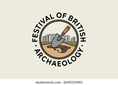 Logotipo do Festival de Arqueologia Britânica com toalha de mão e imagens de panela para impressão de evento de exploração histórica