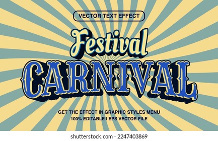 Festival carnaval, editable text effect template, retro vintage font style in sun rays background