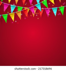festival, carnival, celebration red background with flags and confetti. Vector illustrations 