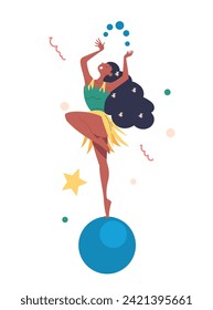 Festival carnival circus artist. Talented woman at blue ball. Entertainment occupation, amusement park worker. Social media sticker. Cartoon flat vector illustration isolated on white background