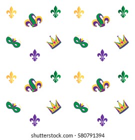 Festival Carnival pattern with fleur-de-lis. Mardi Gras endless background, texture, wrapper. Vector Festival, Masquerade invitation, poster, placard background with carnival symbols mask, crown.