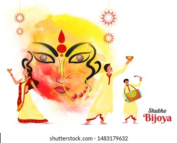 Festival celebration banner or poster design with Creative Hindu Goddess Durga Face and dancing Bengali people character on the occasion of Shubho Bijoya.