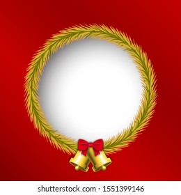 festival celebration concept, christmas, new year, gold wreath circle frame, bell decoration, red background, Isolated vector design