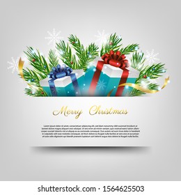 festival celebration concept, merry christmas, happy new year, gift box, pine leaf, special banner, Isolated object vector design