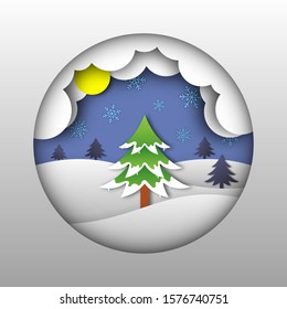 festival celebration concept, merry christmas, happy new year, paper cut, snow tree and cloud in round hole, winter background, Isolated vector design