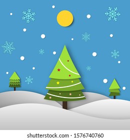 festival celebration concept, merry christmas, happy new year, paper cut, winter background, snow tree, Isolated vector design