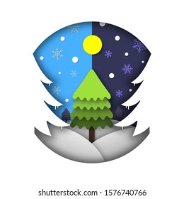 festival celebration concept, merry christmas, happy new year, paper cut, tree in round hole, night and day winter background, tree circle frame, Isolated vector design