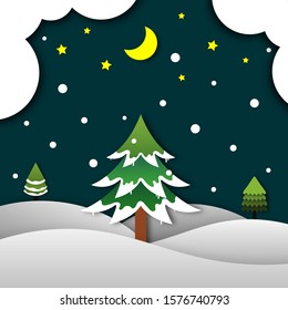 festival celebration concept, merry christmas, happy new year, paper cut, night winter background, snow tree, Isolated vector design