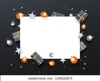 Festival celebration concept with top view of gift boxes, baubles and stars black background with space for your text.